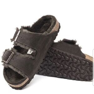 NWT Birkenstock Arizona Brown Suede Shearling Fur-Lined Wide Footbed Size 43